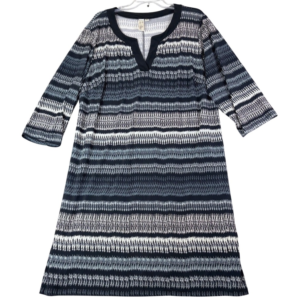 Emma & Michele 2X Black Grey White Ikat Shift Dress V-Neck 3/4 Sleeve Geometric